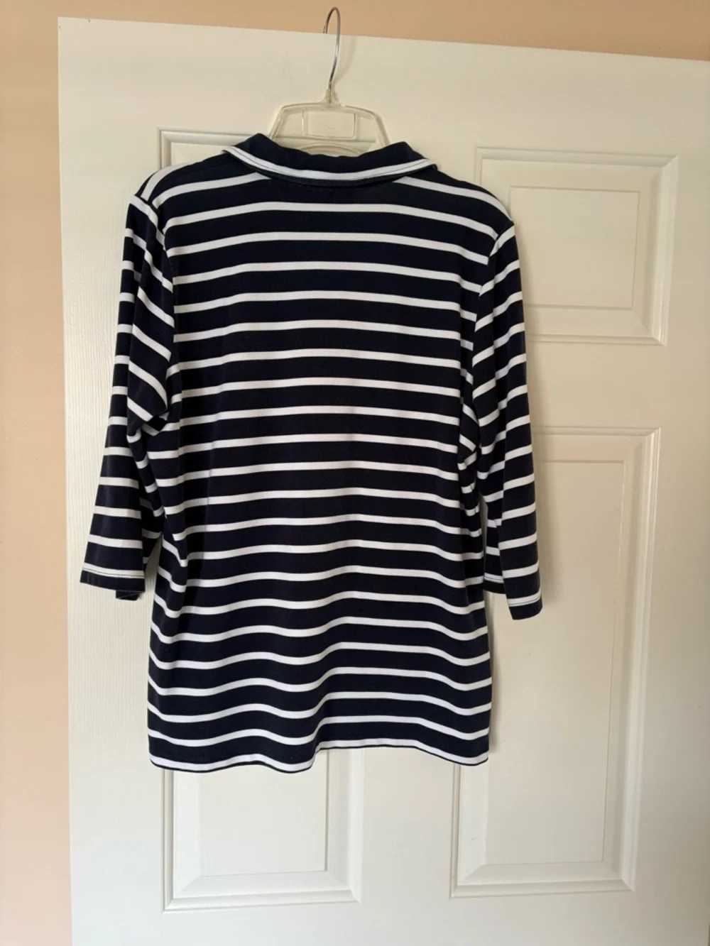 Striped Navy & White 3/4 Sleeve Polo Top - Picture 2 of 3